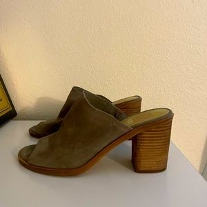 Gray suede open toe slip on heels